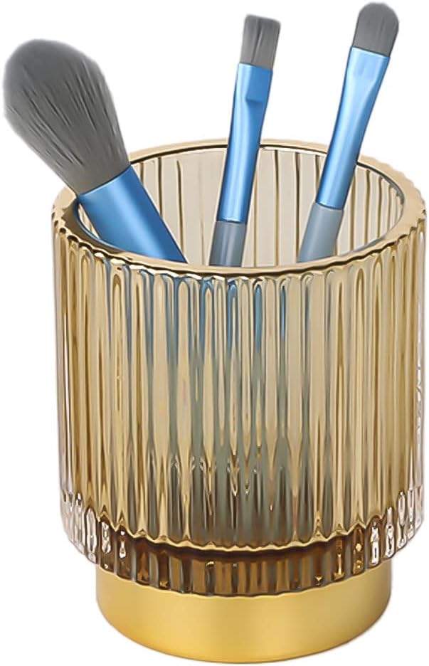 Amber Makeup Brush Holder, Glass Toothbrush Holders for Bathrooms, Gold Pen Holder for Desk, Vintage Make Up Brush Holder Vanity Organizer for Brushes, Lipstick, Eyebrow Pencil