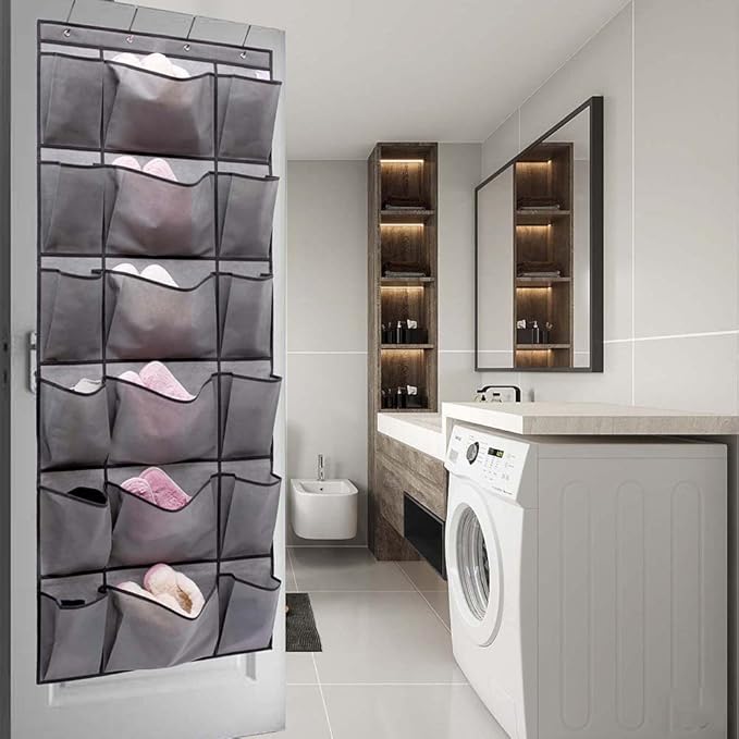 Over The Door Hanging Shoe Rack Organizer with 6 Extra Large and 12 Large Fabric Pockets Shoe Holder for Home Storage (GREY)