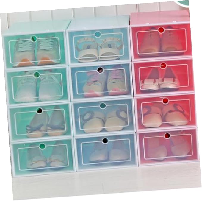 Cabilock 6PCS Pink Transparent Stackable Shoe Storage Boxes Large Thickened Plastic Containers for Closet Entryway Organizer with Door for Easy Shoe Visibility