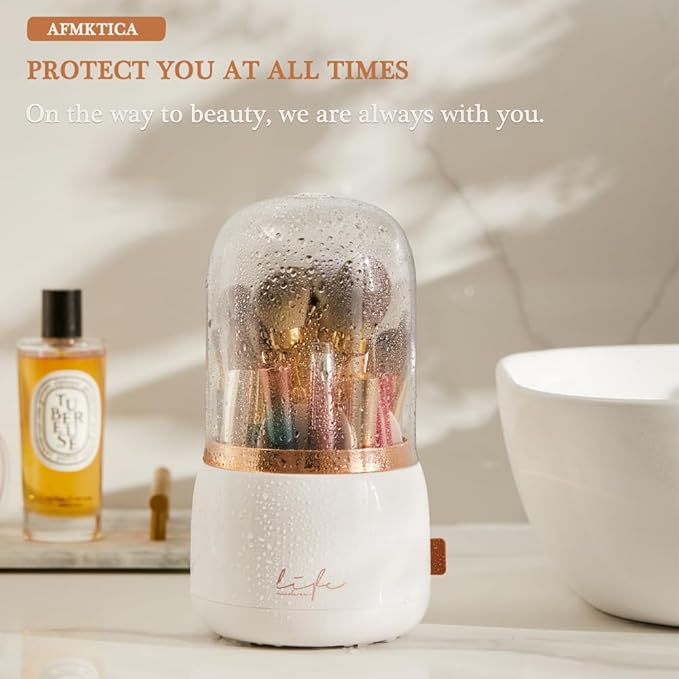 Upgrade Makeup Brush Holder Organizer with Lid, Automatic Lifting Dustproof Makeup Brushes Organizer with 4 Compartments for Vanity，Cosmetic Storage for Dresser Countertop (White transparent)