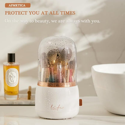 Upgrade Makeup Brush Holder Organizer with Lid, Automatic Lifting Dustproof Makeup Brushes Organizer with 4 Compartments for Vanity，Cosmetic Storage for Dresser Countertop (White transparent)