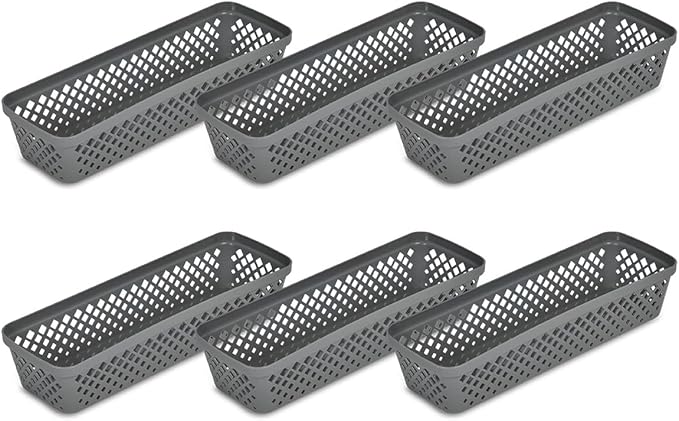 Glad Plastic Storage Basket Set - Multipurpose Drawer Trays, Kitchen Pantry Containers, and Bathroom Bins - 6 Pack Narrow Organizers, Grey