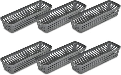 Glad Plastic Storage Basket Set - Multipurpose Drawer Trays, Kitchen Pantry Containers, and Bathroom Bins - 6 Pack Narrow Organizers, Grey