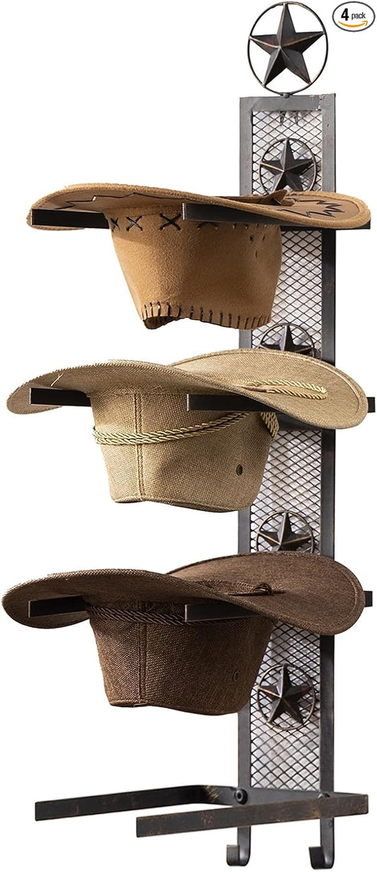 Cowboy Hat Rack for Wall, Metal Star Cowboy Hat Holder for 4 Hats, Vertical Western Hat Rack Wall Mount, Rustic Wall Hanging Decorative Hat Hanger with Hook