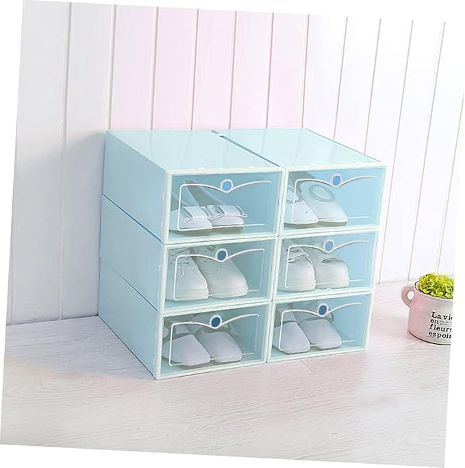 Amosfun 6pcs Stackable Shoe Storage Boxes Thicken Plastic Shoe Organizers for Closet Small Blue for Boots Heels Sneakers