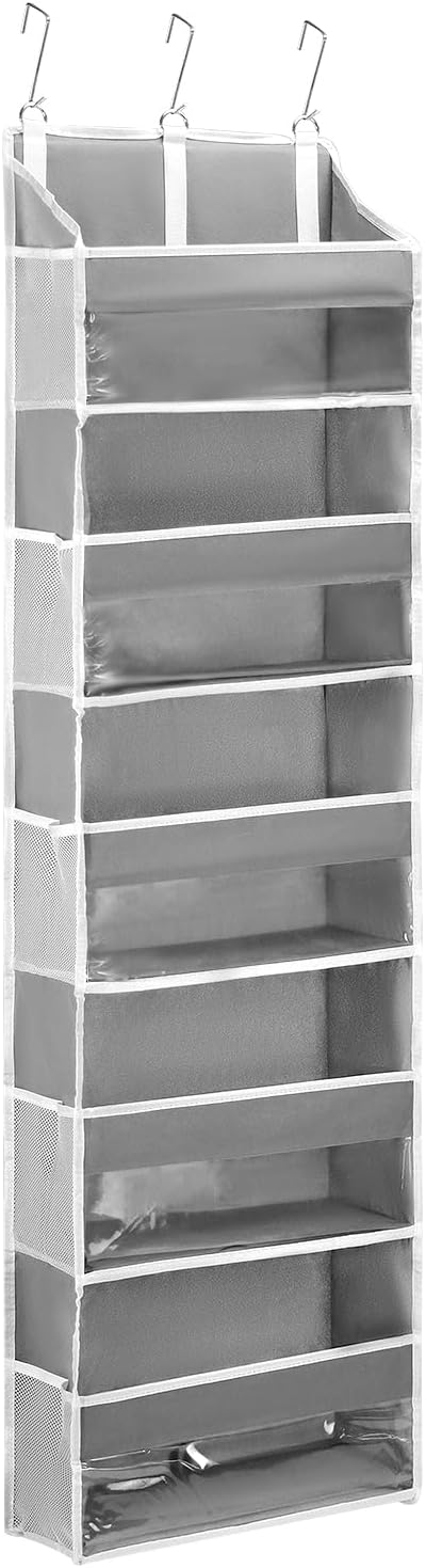 QWORK Over Door Organizer with 5 Large Pockets, 10 Mesh Side Pockets, Door Hanging Organizer for Diapers, Towels, 44lbs Weight Capacity, Grey