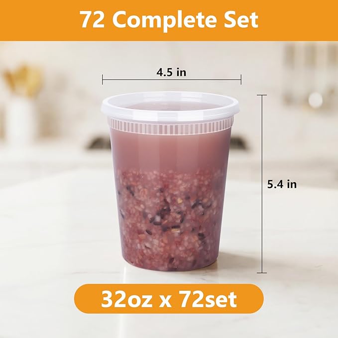 NESCCI 72 Sets (144-Piece) Deli Containers with Lids, 32oz X 72 Set Each, Leak-Proof & BPA Free Airtight Takeout Plastic Food Storage Containers for Soup, Meal Prep,Microwave/Freezer Safe