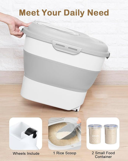 20-50 Lbs Food Storage Container With Wheel, Airtight Locking Lid, Collapsible Rice Container, Flour Storage With Small Container and Scoop, Suitable for Pet Food