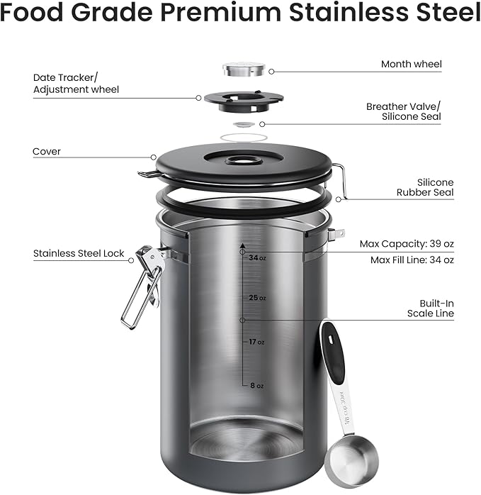Veken Coffee Canister, 39OZ Large, Airtight Stainless Steel Food Storage Container for 2.2lbs Coffee Beans,Ground,Sugar,Espresso,Rice,Tea,Flour,Pod Baskets,Kitchen Bar Accessories,Lids,Jars,Gifts,Gray