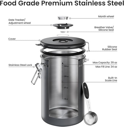 Veken Coffee Canister, 39OZ Large, Airtight Stainless Steel Food Storage Container for 2.2lbs Coffee Beans,Ground,Sugar,Espresso,Rice,Tea,Flour,Pod Baskets,Kitchen Bar Accessories,Lids,Jars,Gifts,Gray