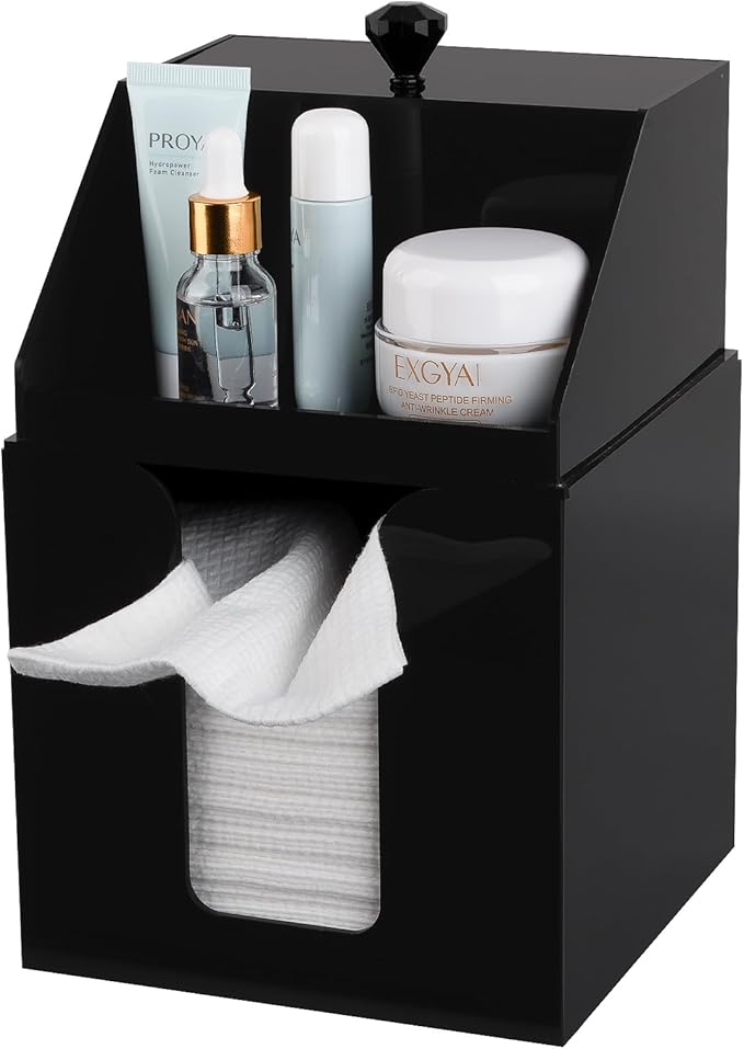 Anyoifax Disposable Facial Towels Storage Compatible with Clean Skin Club Clean Towel XL Double Layer Acrylic Box Cotton Pads Container Qtip Bin Face Towelettes Holder for Bathroom Counter, Black