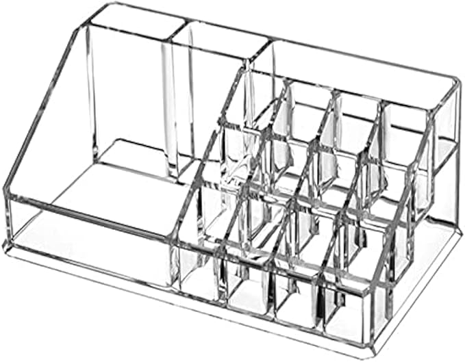 Acrylic Makeup Organizer Cosmetic Storage Makeup Display Case Makeup Brush Holder Lipstick Dispenser Canister Bathroom Container (8.7x 5 x 3.2 in, 16 Partitions, Transparent)
