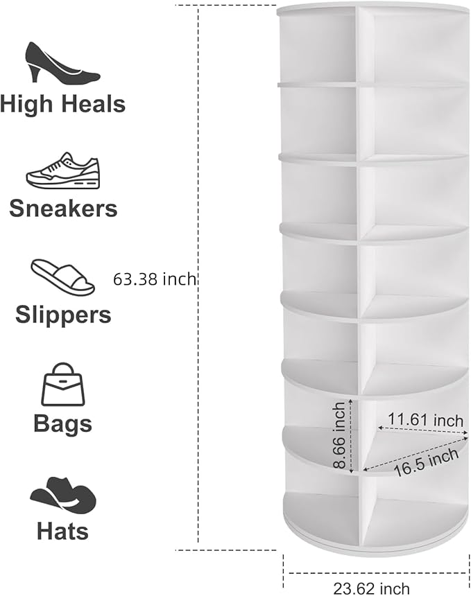 Ywin Rotating Shoe Rack Tower, Free Standing 360°Spinning Shoe Organizer, Vertical Handbag Rotate Shoes Closet Organization (7 Tier)