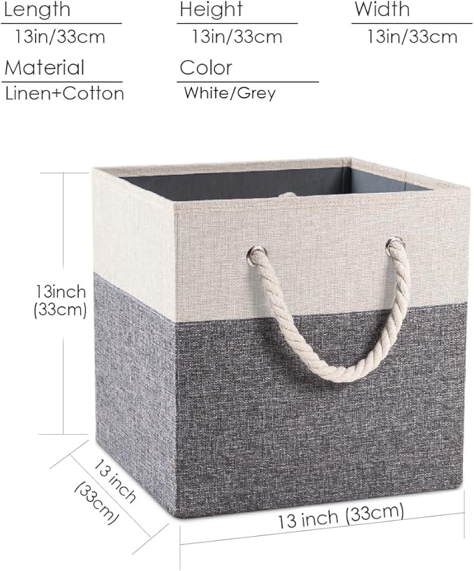 PRANDOM Large Foldable Cube Storage Bins 13x13 inch [4-Pack] Fabric Linen Storage Baskets Cubes Drawer with Cotton Handles Organizer for Shelves Nursery Closet Bedroom White and Grey