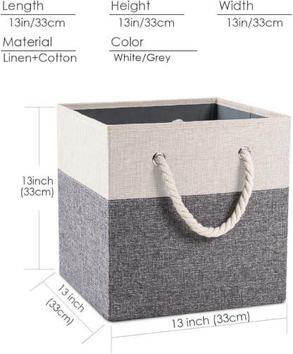 PRANDOM Large Foldable Cube Storage Bins 13x13 inch [4-Pack] Fabric Linen Storage Baskets Cubes Drawer with Cotton Handles Organizer for Shelves Nursery Closet Bedroom White and Grey