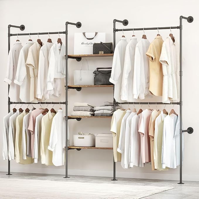 Industrial Pipe Clothing Rack, Heavy Duty Adjustable Garment Hanger with Shelves, 2 Installation Methods Closet Storage System for Wardrobe Organization (Black, 80" H x 86" W)