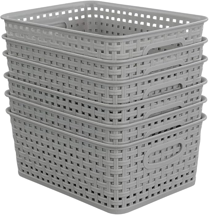 6-pack Grey Woven Plastic Storage Baskets, Organizing Bins