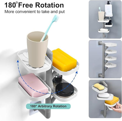 Soap Holder Four Layer Wall Mounted NO-Drilling Rotatable Self-draining Removable Soap Dish for Shower Bathroom Tray,Self Draining Sponge Holder,Razor Holder (White/Gray)