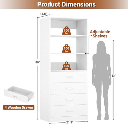 Aheaplus Closet Drawers System, 21.3" Wood Closet Organizer System with 4 Drawers, Modular Walk-in Closet System Storage Unit, Small Closets Wardrobe Rack, Tall Storage Cabinet Unit, White