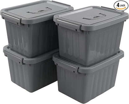 4-Pack Totes for Storage with Lids, Heavy Duty Plastic Storage Bins with Handle, Gray, 6.5 Quart, Stackable, Nestable