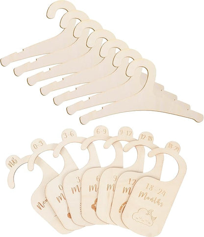 7 PCS Wooden Baby Hangers Set Wood Newborn Hanger with 7 PCS Baby Closet Dividers 9 Inch Non-Slip Coat Hangers Cute Toddler Kids Clothes Hanger for Kids Clothes Coats Suits Pants Jackets