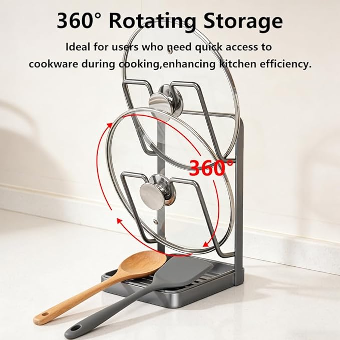 Pot Lid Organizer Rack, Kitchen Pot Lid Storage Rack, Carbon Steel 2-Tier Lids Holder with Detachable Drip Tray While Cooking, Pot Lid Holder Countertop, Multifunctional Space-Saving