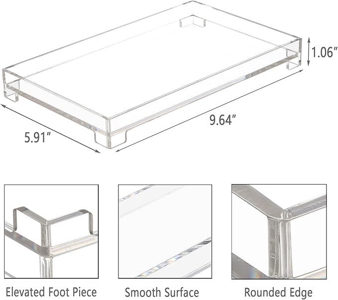Vanity Bathroom Tray, Acrylic Rectangle Decorative Catchall Organizer Storage Tray (Medium-Clear)