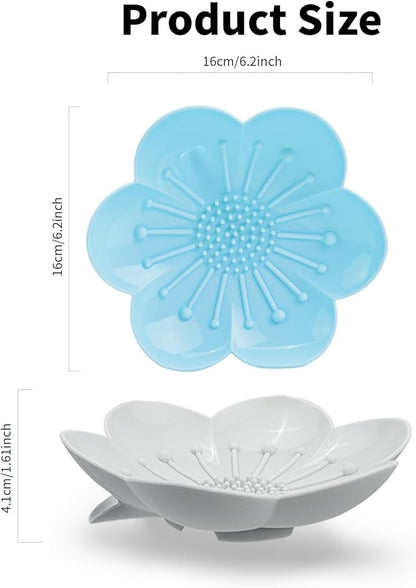 Soap Dishes 2 Pack Self Draining XL Flexible Bar Holder for Shower Steamer, Silicone Flower Soap Saver Tray for Counter Bathtub Sink Bathroom Decor with Drainage -Mirror Surface Easy Clean, Grey/Blue