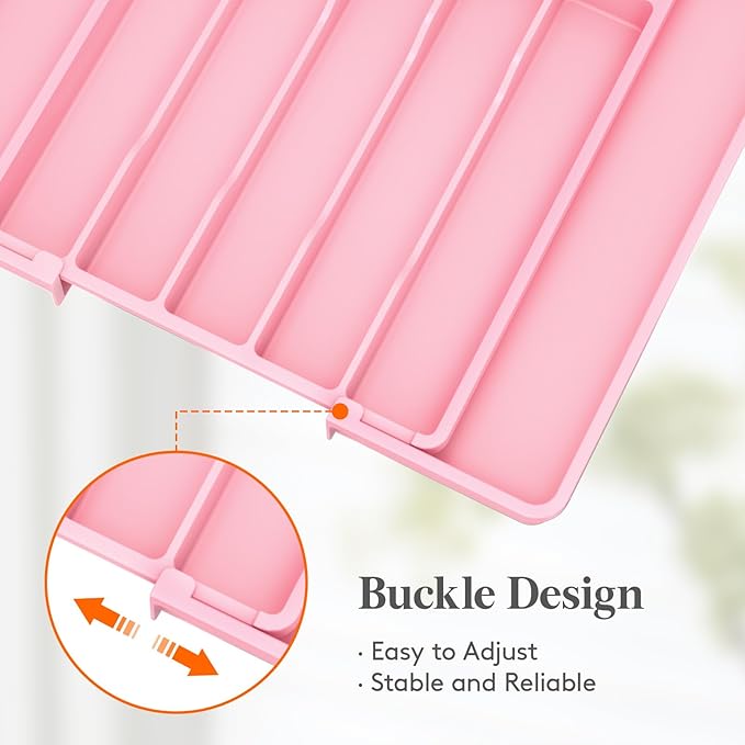 Lifewit Silverware Drawer Organizer, Expandable Utensil Tray for Kitchen, BPA Free Flatware and Cutlery Holder, Adjustable Plastic Storage for Spoons Forks Knives, 10.9"-17.5" x 13.7", Pink