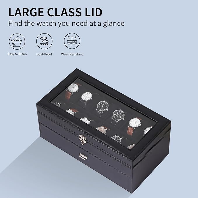 AUTOARK Leather & Velvet 12 Watch Box Jewelry Case and 6 Piece Sunglass Eyeglasses Organizer,2 Layers with 1 Drawer,Lockable,Large Glass Top,Black,MKAW039