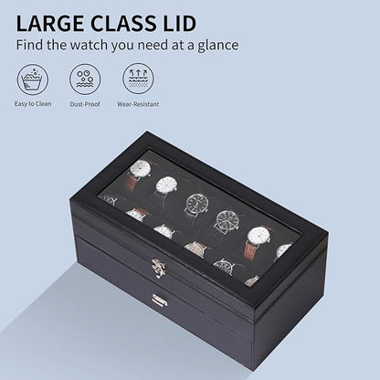 AUTOARK Leather & Velvet 12 Watch Box Jewelry Case and 6 Piece Sunglass Eyeglasses Organizer,2 Layers with 1 Drawer,Lockable,Large Glass Top,Black,MKAW039
