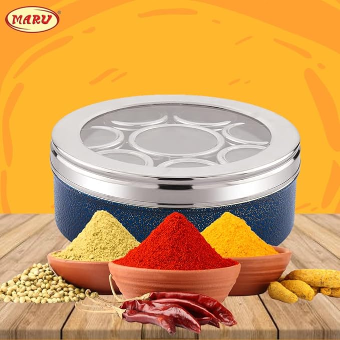 MARU Stainless Steel 8 in Masala Dabba - Authentic Indian Spice Box Set for Kitchen, Spice Rack Container Indian Masala Spice Boxes, See Through Lid 8 Containers, 3 Spoons (20.5Cms) (Blue)