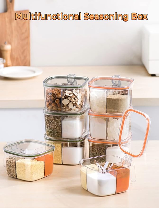 Clear Plastic Condiment Jars - 4 Compartment Set with Lid, Cover and Serving Spoons for Salt, Pepper, Powder