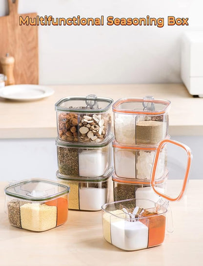 Clear Plastic Condiment Jars - 4 Compartment Set with Lid, Cover and Serving Spoons for Salt, Pepper, Powder