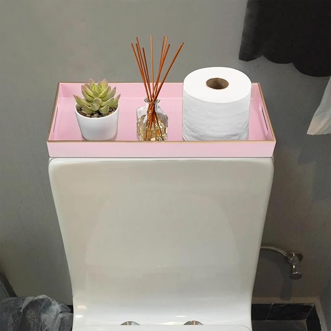 MAONAME Pink Vanity Tray Set of 2, Plastic Decorative Tray with Handles, Long Narrow Trays, Small Bathroom Trays for Toilet Tank, 13.8" X 6" X 1.57"