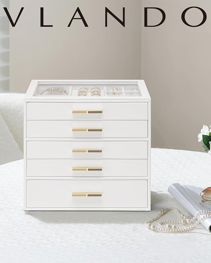 VLANDO 5 Layer Jewelry Box for Women, Glass Lid Jewelry Organizer with 5 Drawers for Necklaces Rings Earrings Bracelets - White