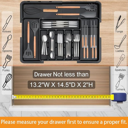 Homecor Silverware Organizer - Expandable Large Kitchen Drawer Organizer Utensil Organizer with 2 Removable Knife Blocks, 22"x 19"Cutlery Tray Drawer Dividers for Kitchen Flatware(6-9 Slots) (Black)
