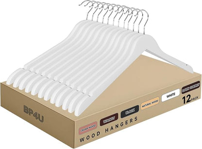 Premium Wooden Top Hangers, Heavy Duty Solid Wood Suit Hangers with 360° Swivel Hook & Anti-Slip Notches, Durable Clothes Hangers for Jackets, Coats, Shirts & Dresses(White/12-PCS)