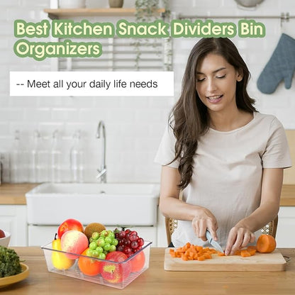 ZIZOTI Snack Organizer for Pantry Shelf, 8 Pack Clear Plastic Pantry Storage Bins with 3 Dividers for Snacks, Spices, Chips Food Organizer, Stackable Pantry Organizers for Kitchen, Fridge, Cabinet