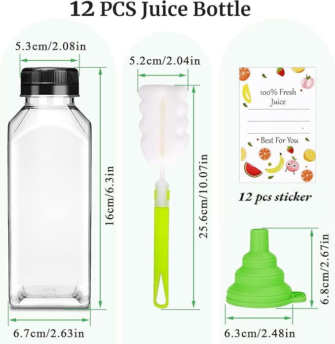 Plastic Juice Bottles with Caps 12Pcs -12oz Reusable Juice Containers with Tamper Proof Lids Black - Clear Bottles for Juicing Milk Smoothie Drinking and Other Beverages Christmas Gifts