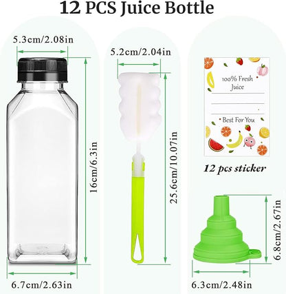 Plastic Juice Bottles with Caps 12Pcs -12oz Reusable Juice Containers with Tamper Proof Lids Black - Clear Bottles for Juicing Milk Smoothie Drinking and Other Beverages Christmas Gifts