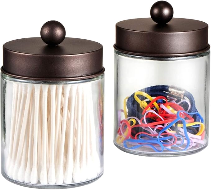 Amolliar Apothecary Jars Bathroom Storage Organizer - Cute Qtip Dispenser Holder Vanity Canister Jar Glass with Lid for Cotton Swabs,Rounds,Bath Salts,Makeup Sponges,Hair Accessories/Bronze (2 Pack)