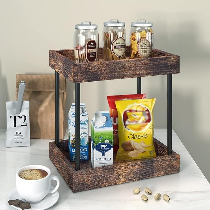 MAHUEEOL 2 Tier Bathroom Organizer Countertop, Wooden Bathroom Trays for Counter Vanity Organizer Cosmetic Storage Vanity Organizer, Coffee Station Organizers, Kitchen Spice Rack