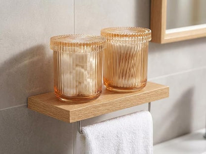 SheeChung Glass Qtip Holder Dispenser, 2-Pack Apothecary Jars- Vintage Sunburst Bathroom Organizer & Storage Set -Vanity Canister for Cotton Swabs, Balls, Pads - Luxury Modern Farmhouse Decor (Amber)