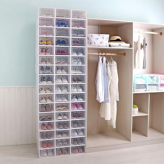 20 Pack Foldable Shoe Storage Boxes, Stackable Clear Plastic Shoe Organizer Space Saving Shoe Display Containers with Clear Lids for Women/Men, White