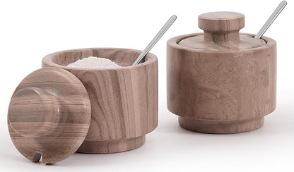 Marble Salt Cellar with Lid and Spoon 3" Inch Natural Brown Salt and Pepper Dish, Sugar and Salt Bowls Countertop, Coffee Container, Spice Jars, Candy Jar, Ideal Mother’s Day Gift for Mom