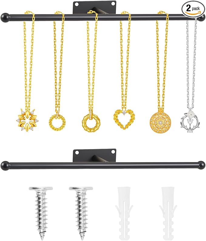 2 Pack Wall Jewelry Organizer, 12.2'' Necklace Holder for Earring, Bracelet, Rings, Hairband, Glasses Storage, Decorative Space-Saving Jewelry Display (Black)