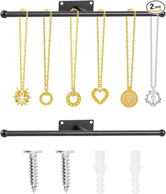 2 Pack Wall Jewelry Organizer, 12.2'' Necklace Holder for Earring, Bracelet, Rings, Hairband, Glasses Storage, Decorative Space-Saving Jewelry Display (Black)
