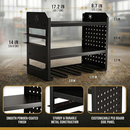 BUILTSTRONG Power Tool Organizer Wall Mount – 3-Tier Heavy-Duty Steel Rack, 4 Drill Slots, Pegboard + Utility Side, 100 lb Capacity – Garage, Workshop & Shed Storage (Black)