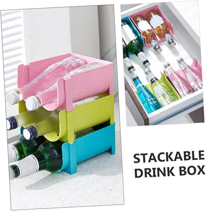 Cabilock 3pcs Stackable Drink Storage Container Non-skid Fall Beer Can and Wine Organizer for Fridge Creative Household Green Blue and Pink